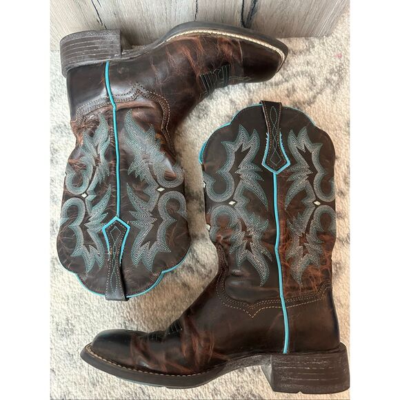 Ariat Tombstone Brown Teal Squaretoe Boots Size 7 - Picture 1 of 12